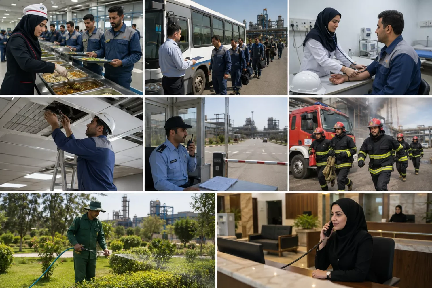 نمای موزاییکی مشاغل تغذیه، حمل کارکنان، درمانگاه، تأسیسات، حفاظت، آتش‌نشانی، فضای سبز و اسکان در مجتمع فولادی