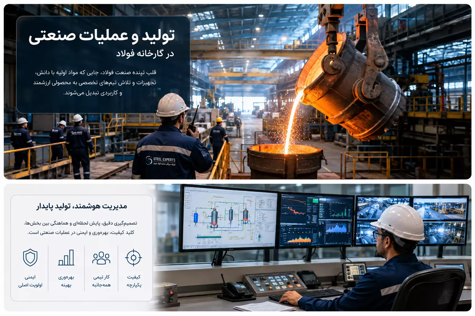 کارشناس اتاق کنترل در حال پایش تجهیزات و فرایندهای کارخانه فولاد