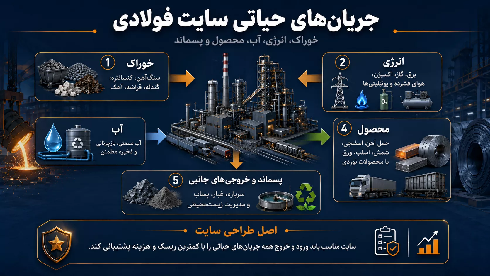 جریانهای حیاتی خوراک، انرژی، آب، محصول و پسماند در سایت فولادی